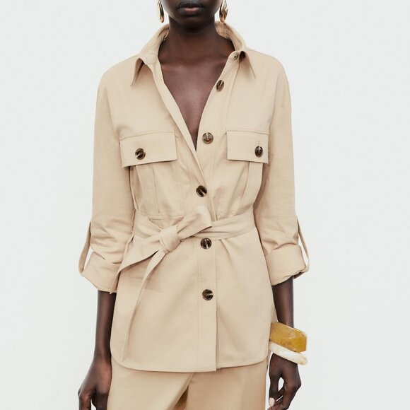 Zara Jackets & Blazers - Zara Tan Belted Utility Shirt Jacket - Size Large
